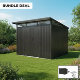 Complete Metal Shed Bundle – Slanted Roof Shed (9.5ft x 10.3ft/2.9 x 3.1m ) + Heavy-Duty Aluminium Flooring + FREE Solar Light