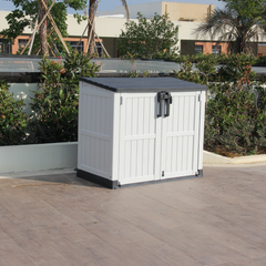 Black outdoor storage box with rattan-style finish