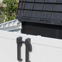 Black outdoor storage box with open lid