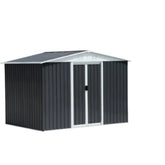 Black metal garden shed with white trim on a white background