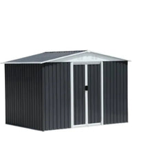Black metal garden shed with white trim on a white background