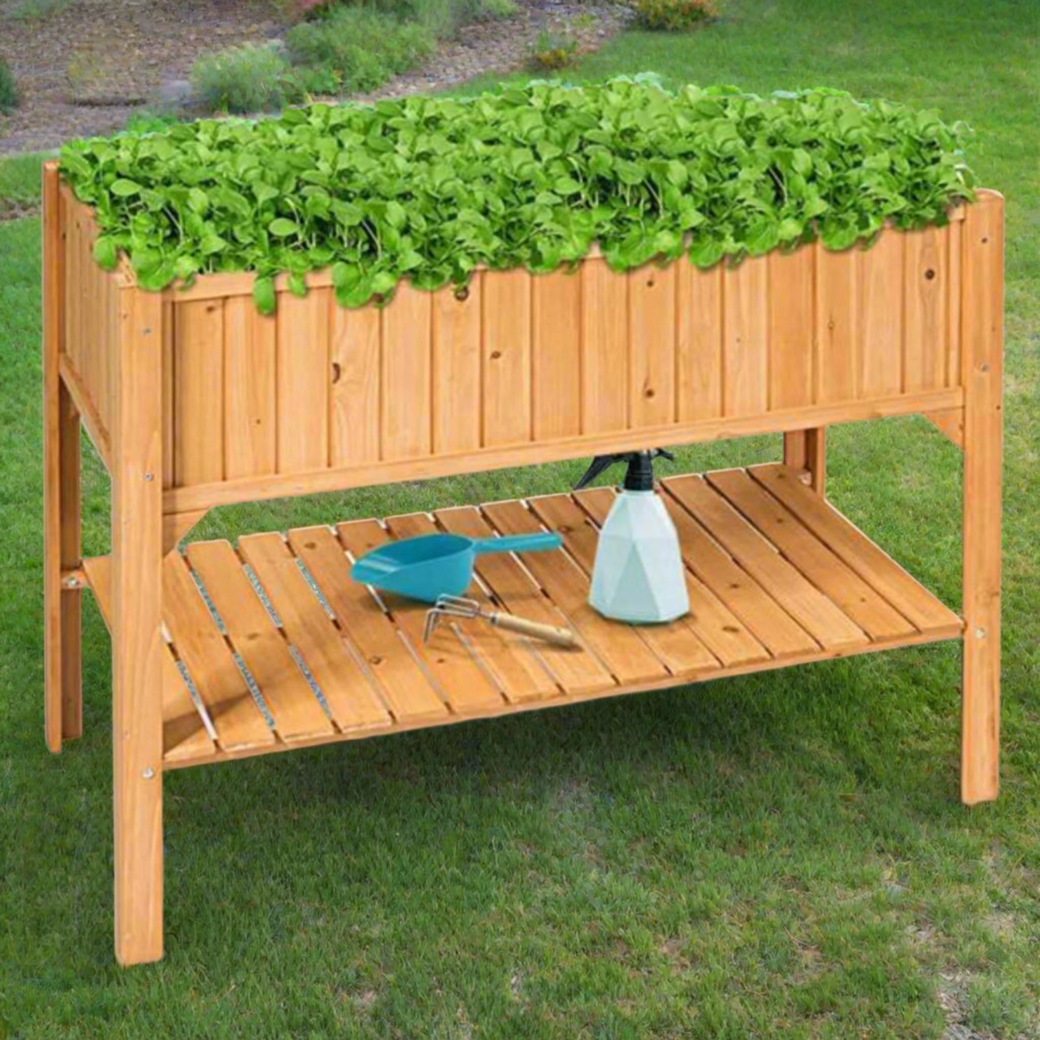 Wooden raised planter with storage shelf