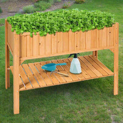 Wooden raised planter with storage shelf