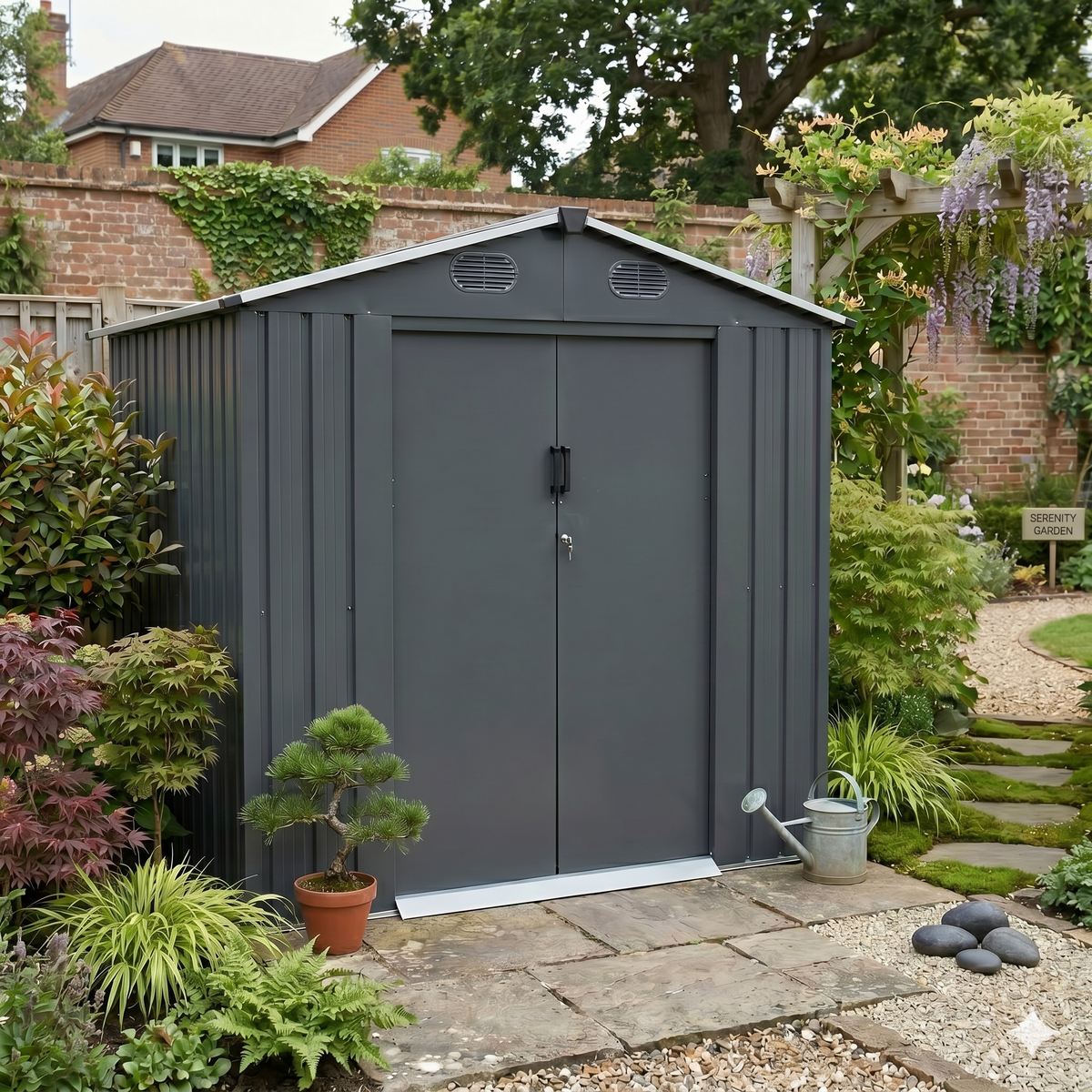 Metal 8x10FT (2.4 x 3m)Garden Shed – Grey – 0.35mm Thick Steel Panels + FREE Solar Light