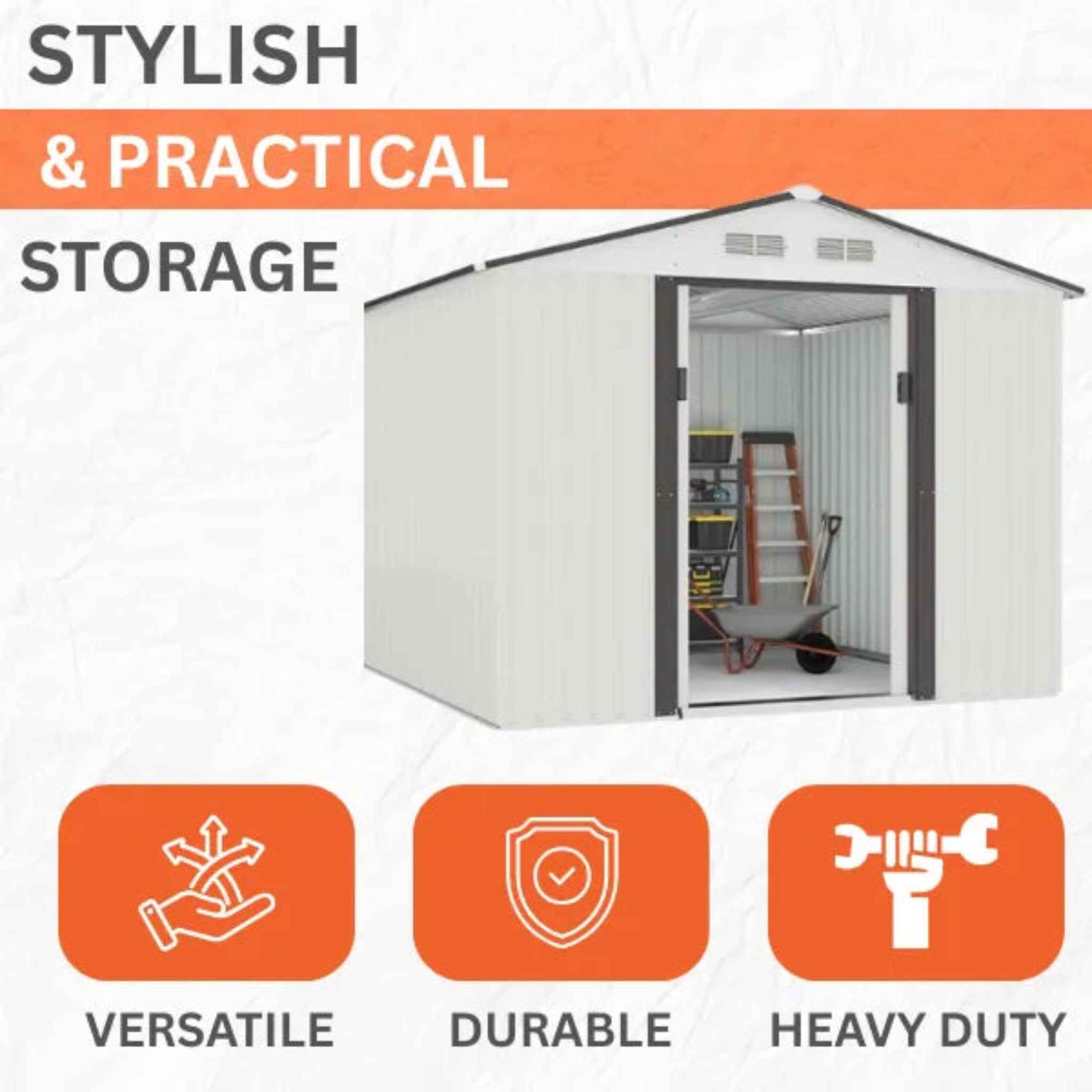 Metal 8x10FT Garden Shed – White – Large Outdoor Storage for Tools, Bikes & Equipment