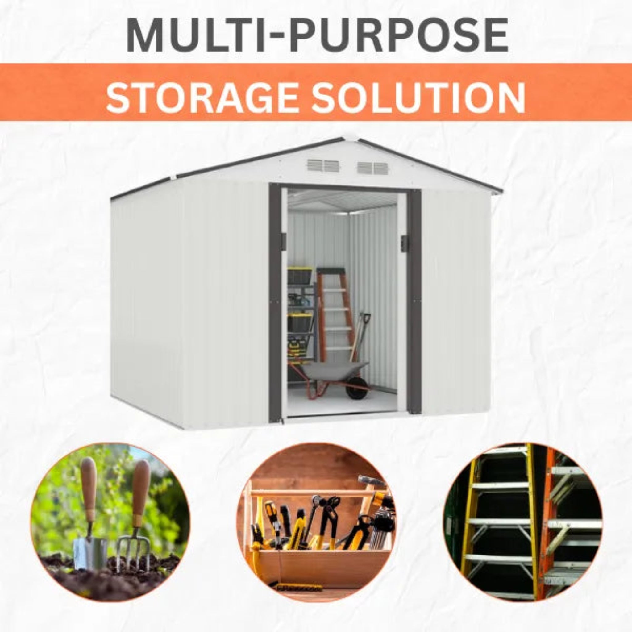 Metal 8x10FT Garden Shed – White – Large Outdoor Storage for Tools, Bikes & Equipment