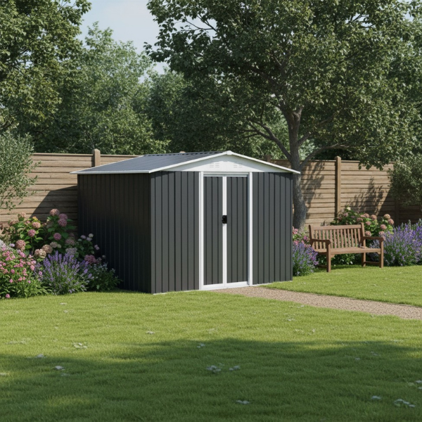 Metal 8x6FT (2.4 x 1.8m) Garden Shed – 2 Colours Available – Modern Outdoor Storage for Tools & Equipment + FREE Solar Light