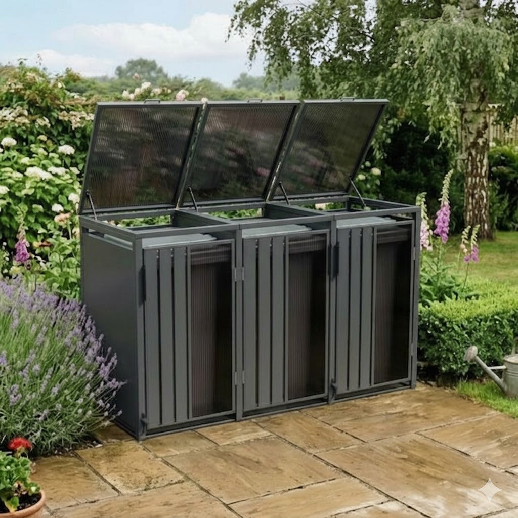 Premium 3 Bay Opaque Metal Wheelie Bin Storage – Grey with Open Lids