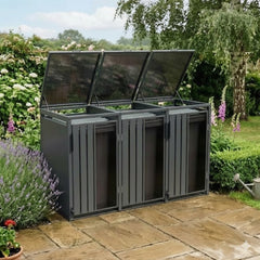 Premium 3 Bay Opaque Metal Wheelie Bin Storage – Grey with Open Lids