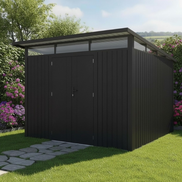 Metal Shed Heavy Duty With Slanted-(9.5ft x 10.3ft/2.9 x 3.1m ) – Grey with Natural Daylight Gap + FREE Solar Light