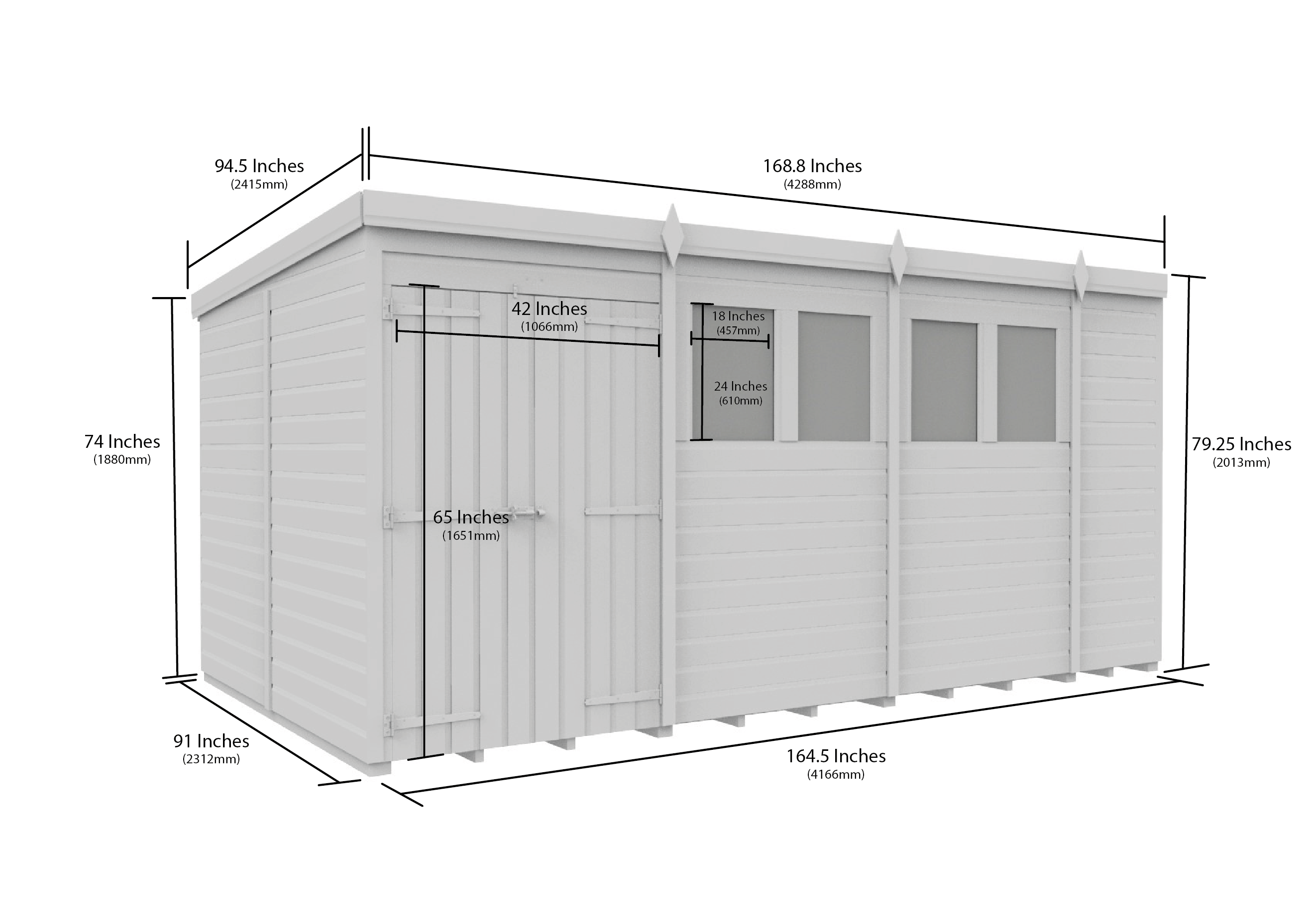 14 x 8 Pent Shed (Double Door, With Windows)
