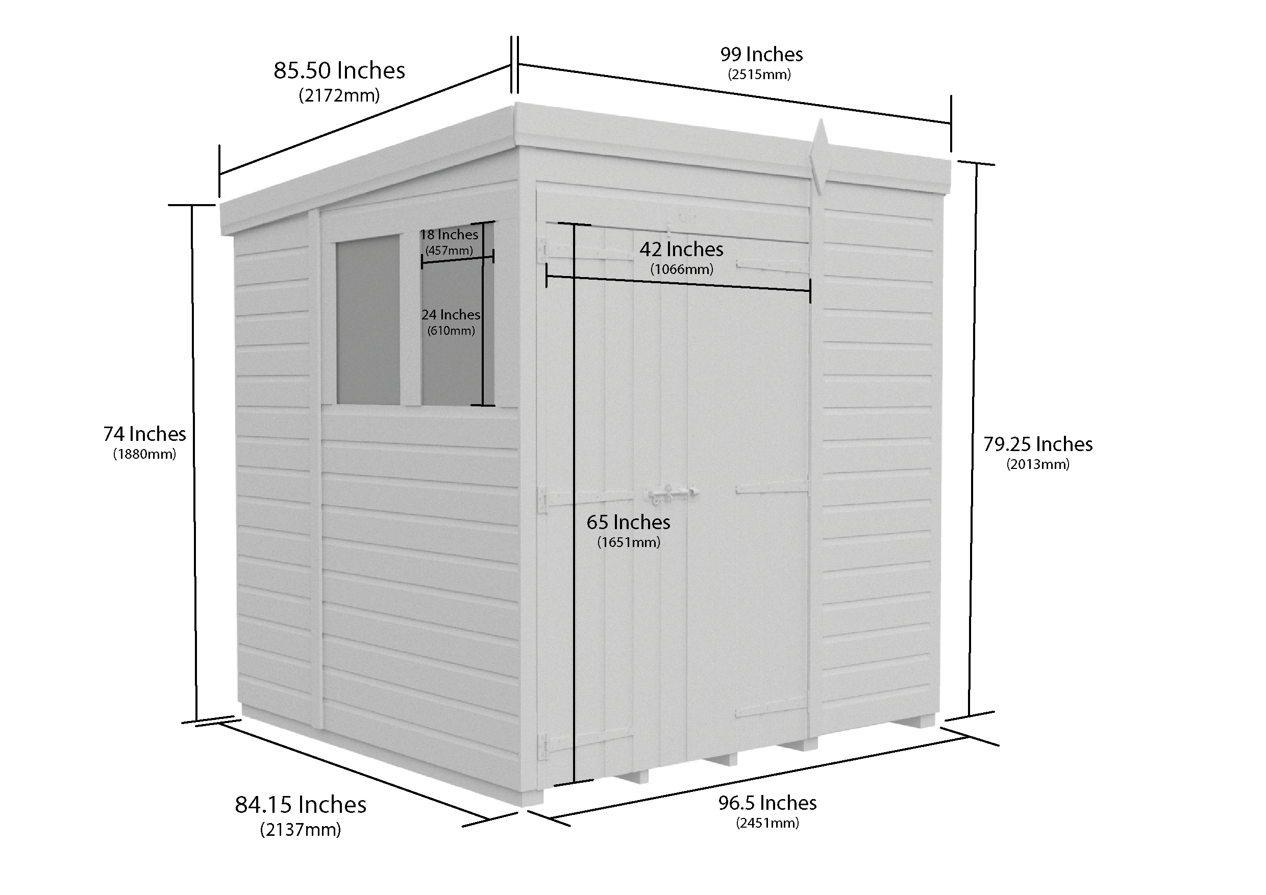 7 x 7 Pent Shed (Double Door, With Windows)