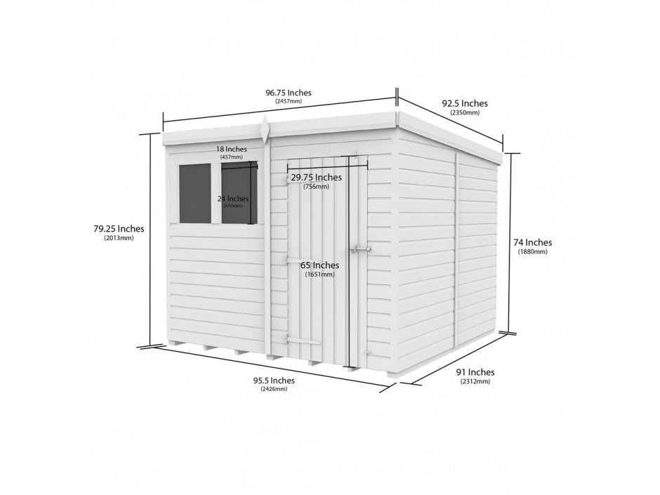 8 x 8 Pent Shed (Single Door, With Windows)