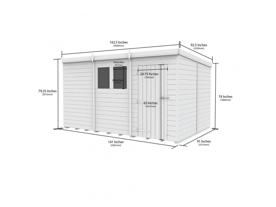 12 x 8 Pent Shed (Single Door, No Windows)