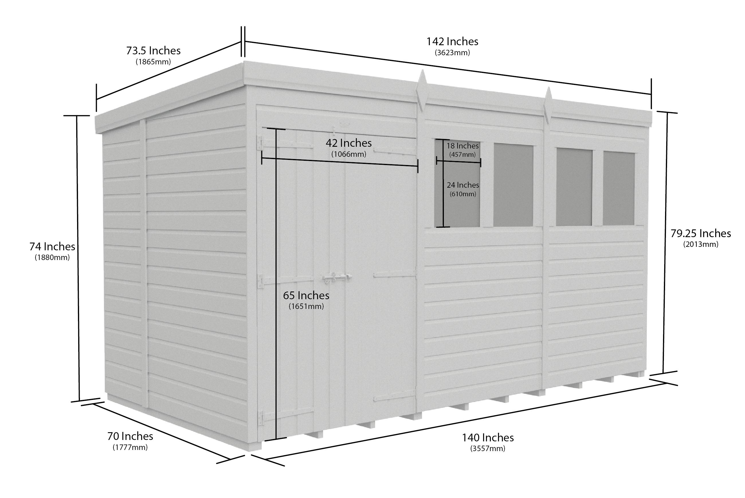 12 x 6 Pent Shed (Double Door, With Windows)