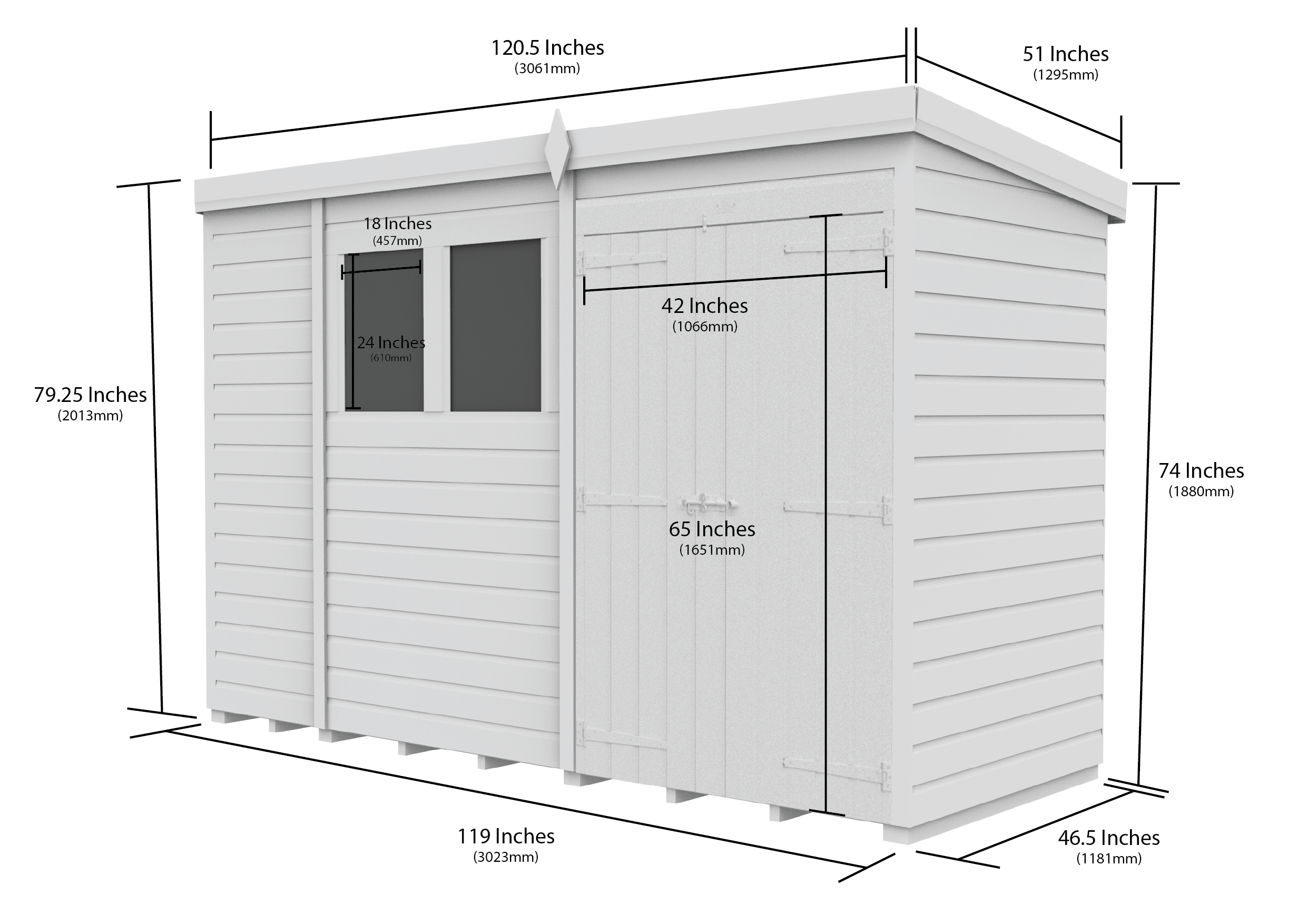 10 x 4 Pent Shed (Double Door, With Windows)