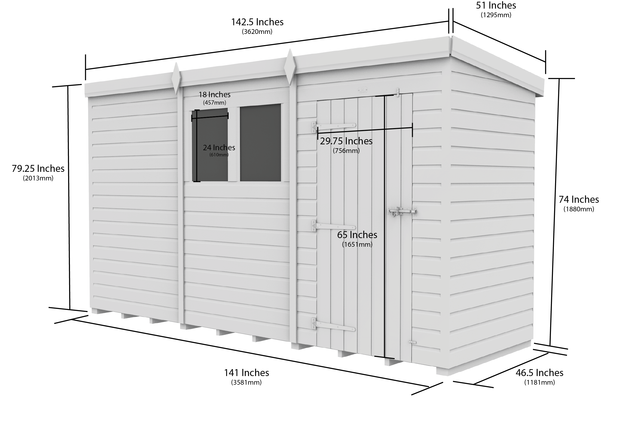 12x4 Pent Composite Shed (Single Door, With Windows)