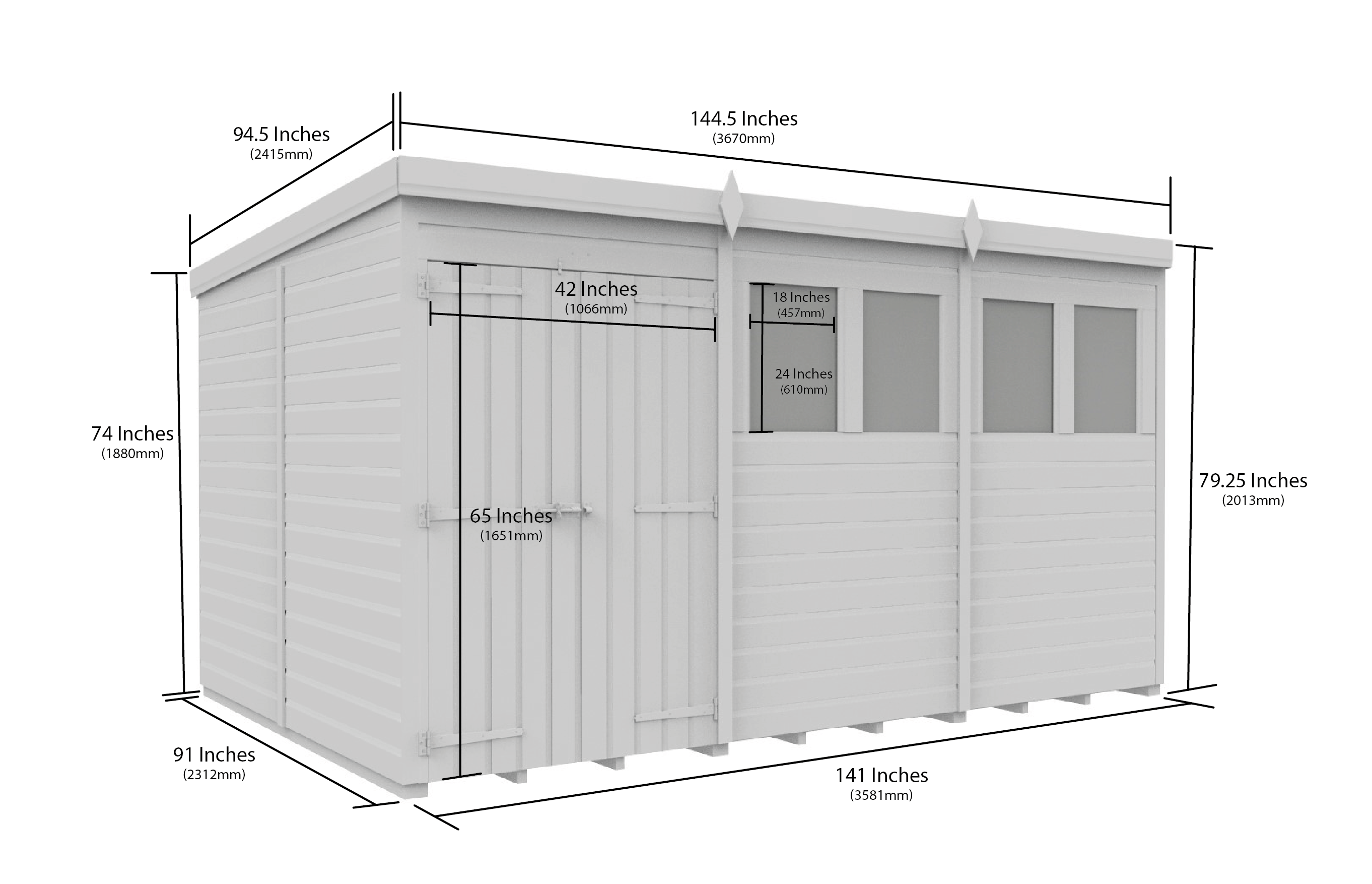 12 x 8 Pent Shed (Double Door, With Windows)