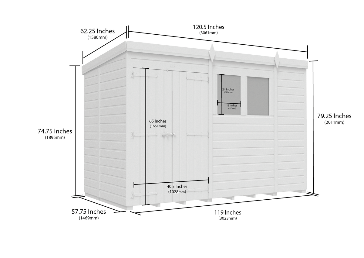 10 x 5 Pent Shed (Double Door, With Windows)