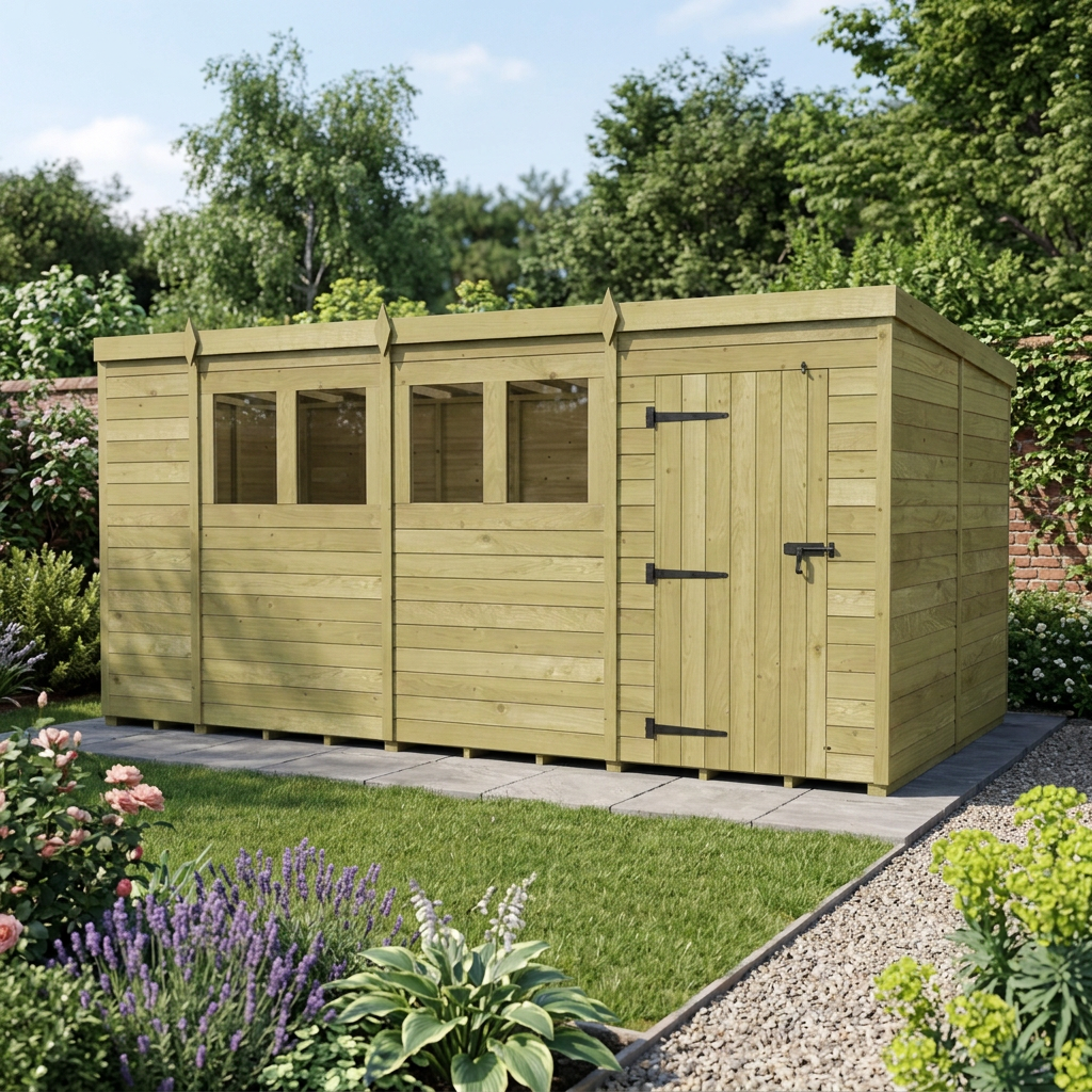 14 x 8 Pent Shed (Single Door, With Windows)