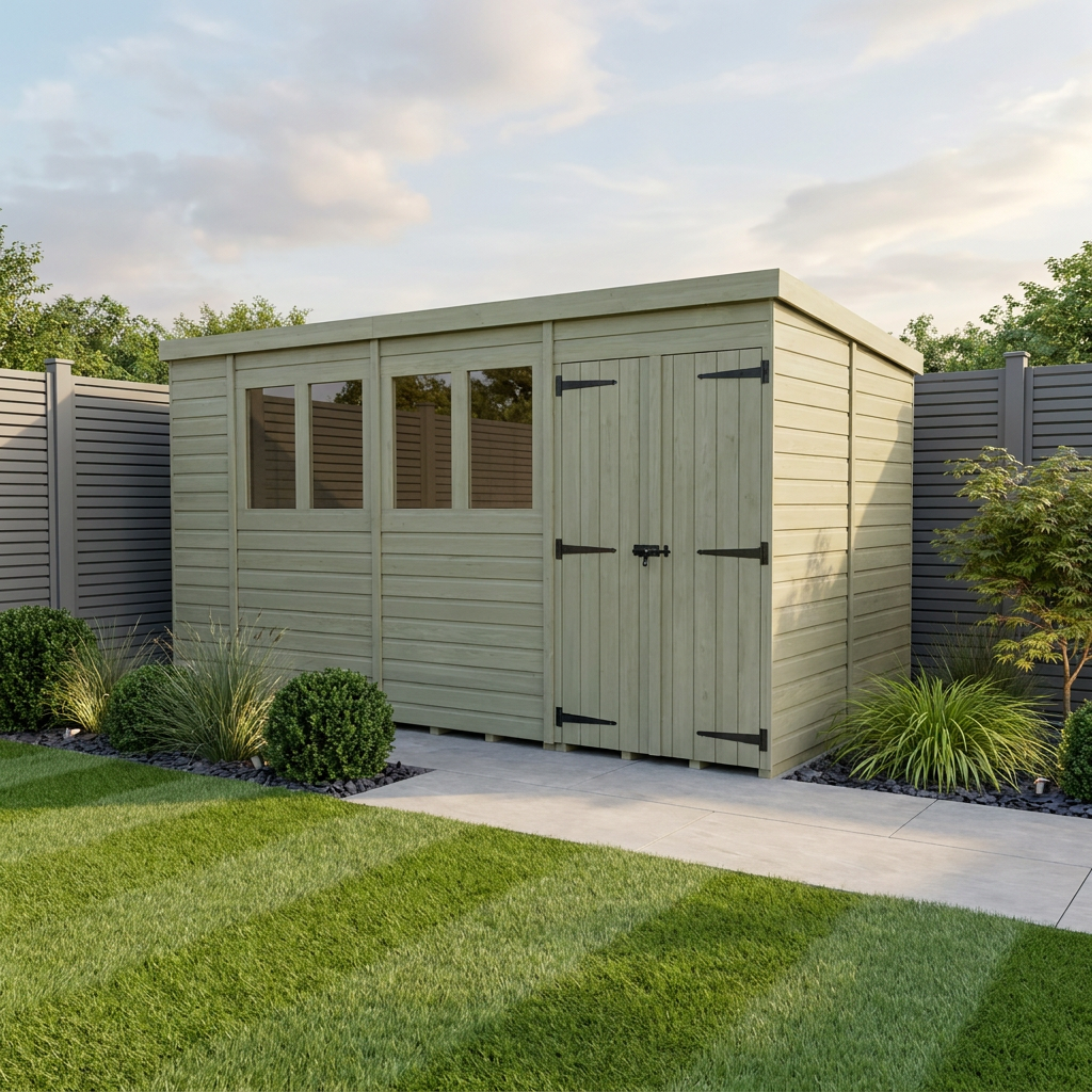 14 x 8 Pent Shed (Double Door, With Windows)