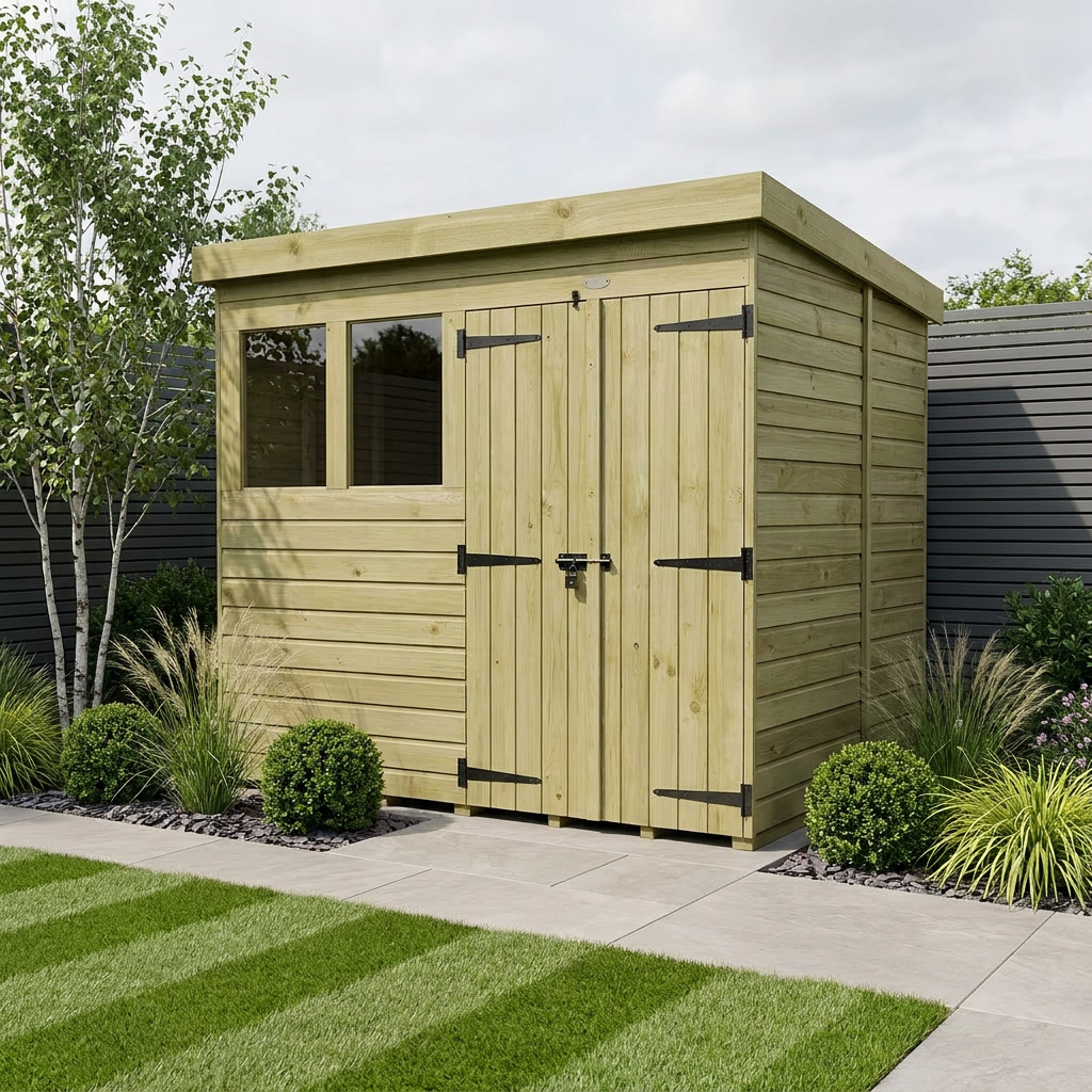 8 x 6 Pent Shed (Double Door, With Windows)