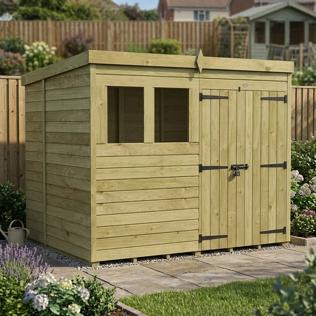 8 x 6 Pent Shed (Double Door, With Windows)