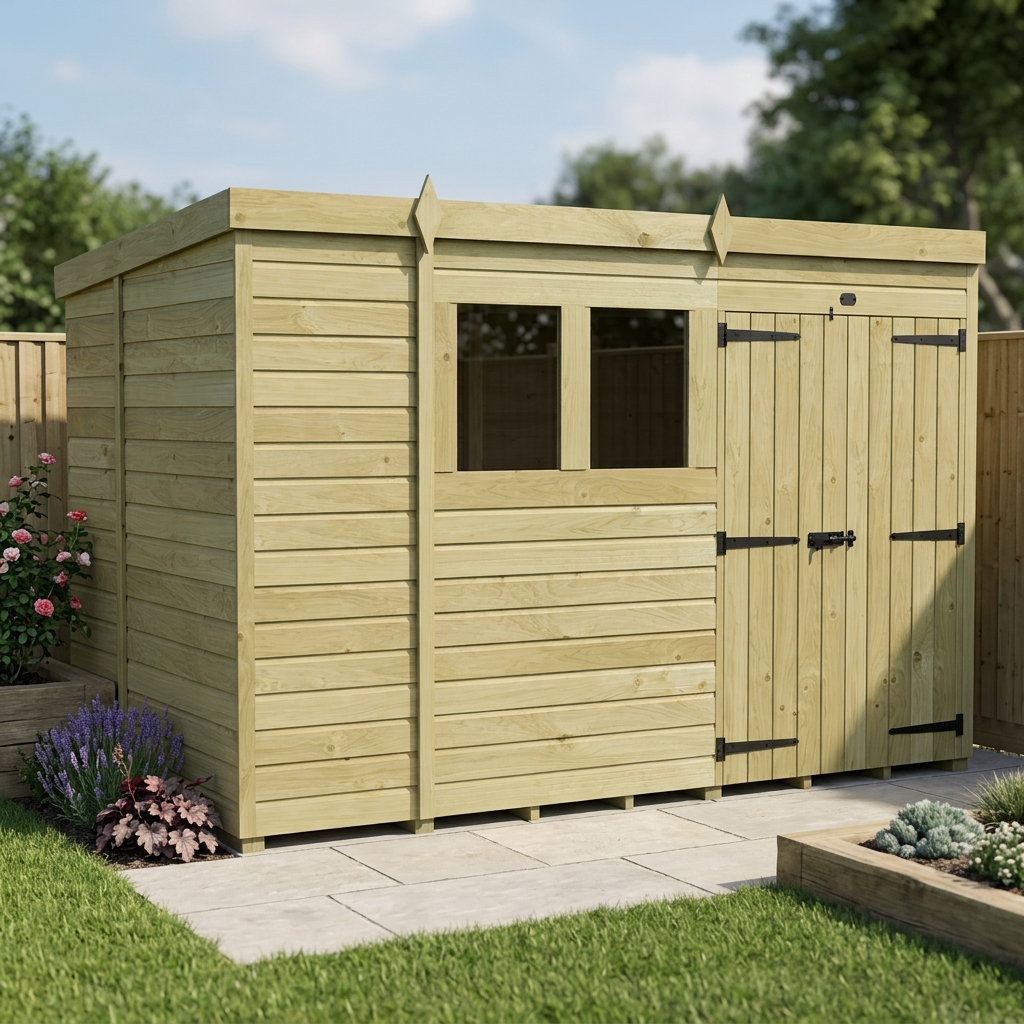 10 x 6 Pent Shed (Double Door, With Windows)