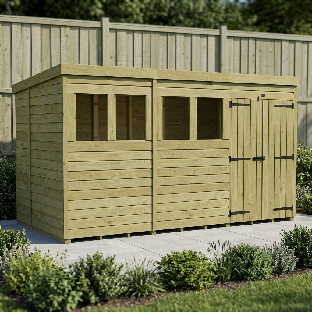 12 x 6 Pent Shed (Double Door, With Windows)