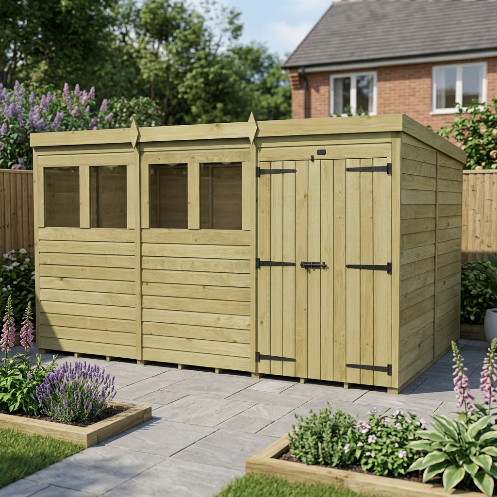 12 x 8 Pent Shed (Double Door, With Windows)