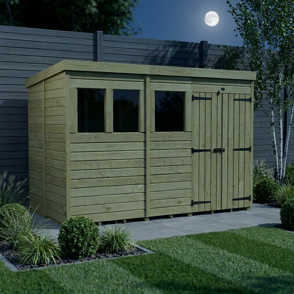 12 x 6 Pent Shed (Double Door, With Windows)
