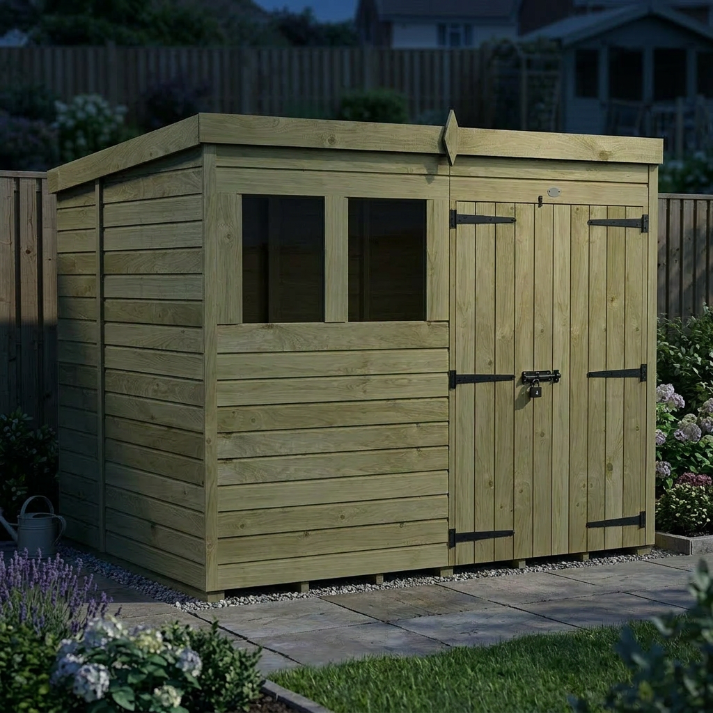 8 x 6 Pent Shed (Double Door, With Windows)