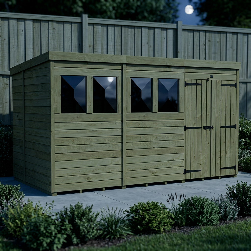 12 x 6 Pent Shed (Double Door, With Windows)