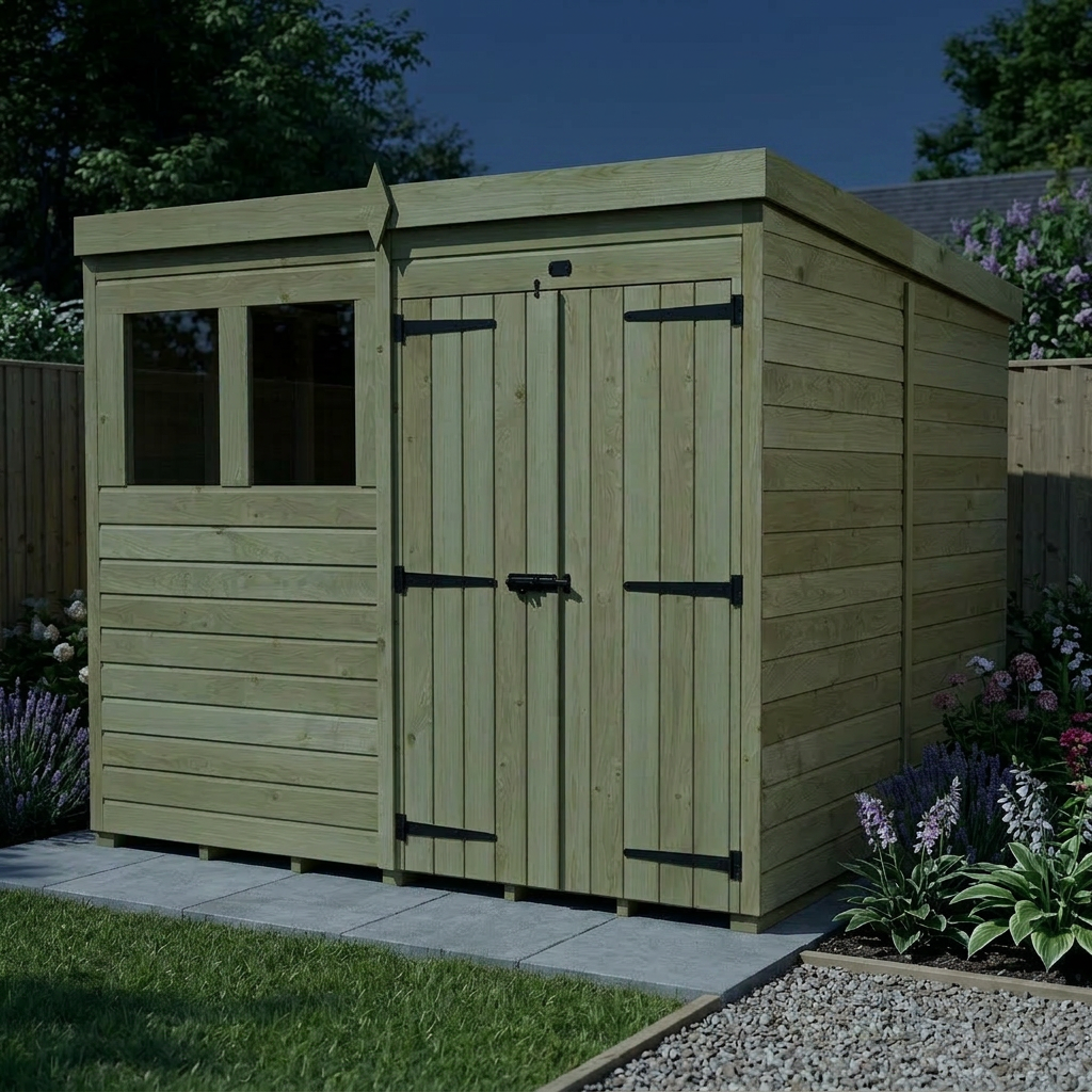 8 x 8 Pent Shed (Double Door, With Windows)