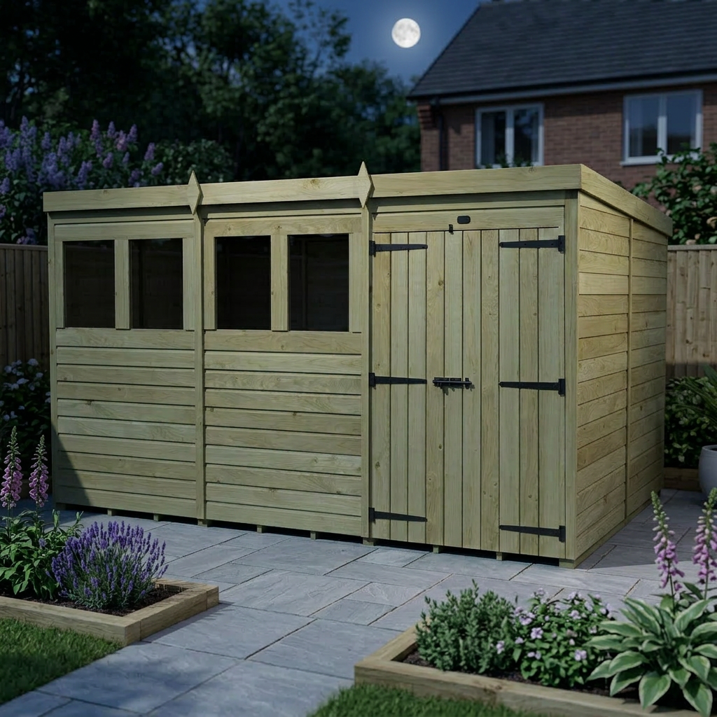 12 x 8 Pent Shed (Double Door, With Windows)