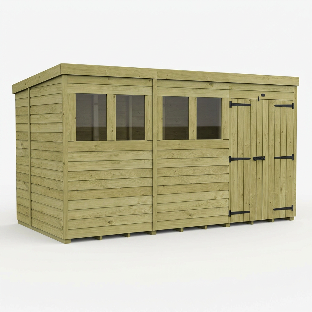 12 x 6 Pent Shed (Double Door, With Windows)