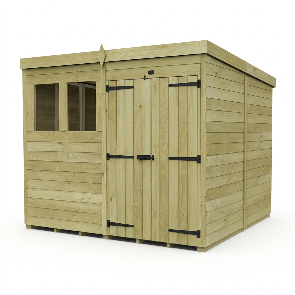8 x 8 Pent Shed (Double Door, With Windows)